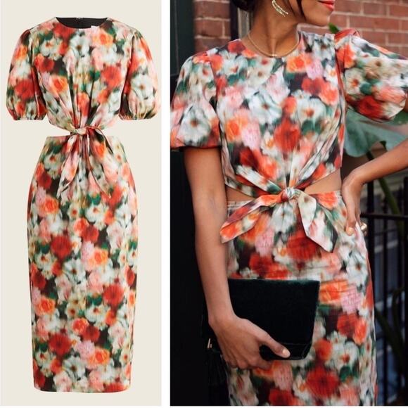 NWT J. Crew Liberty® Hazy Days Dress Size 6 Red Black Cotton Midi Puff Sleeve - Picture 2 of 14